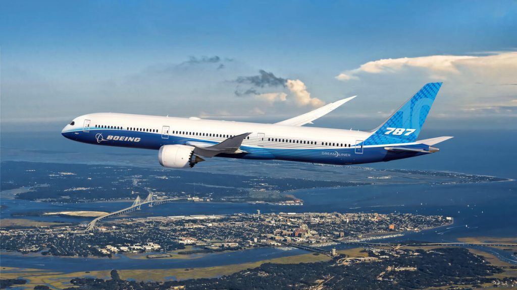 A Boeing 787 in flight