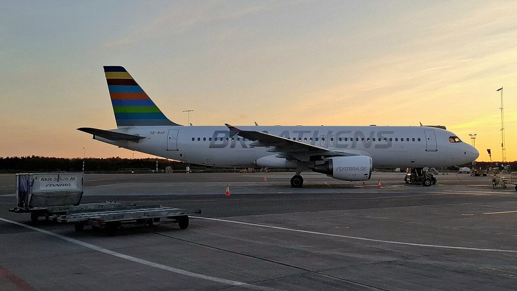 A Braathens International Airways Airbus on the tarmac as dawn